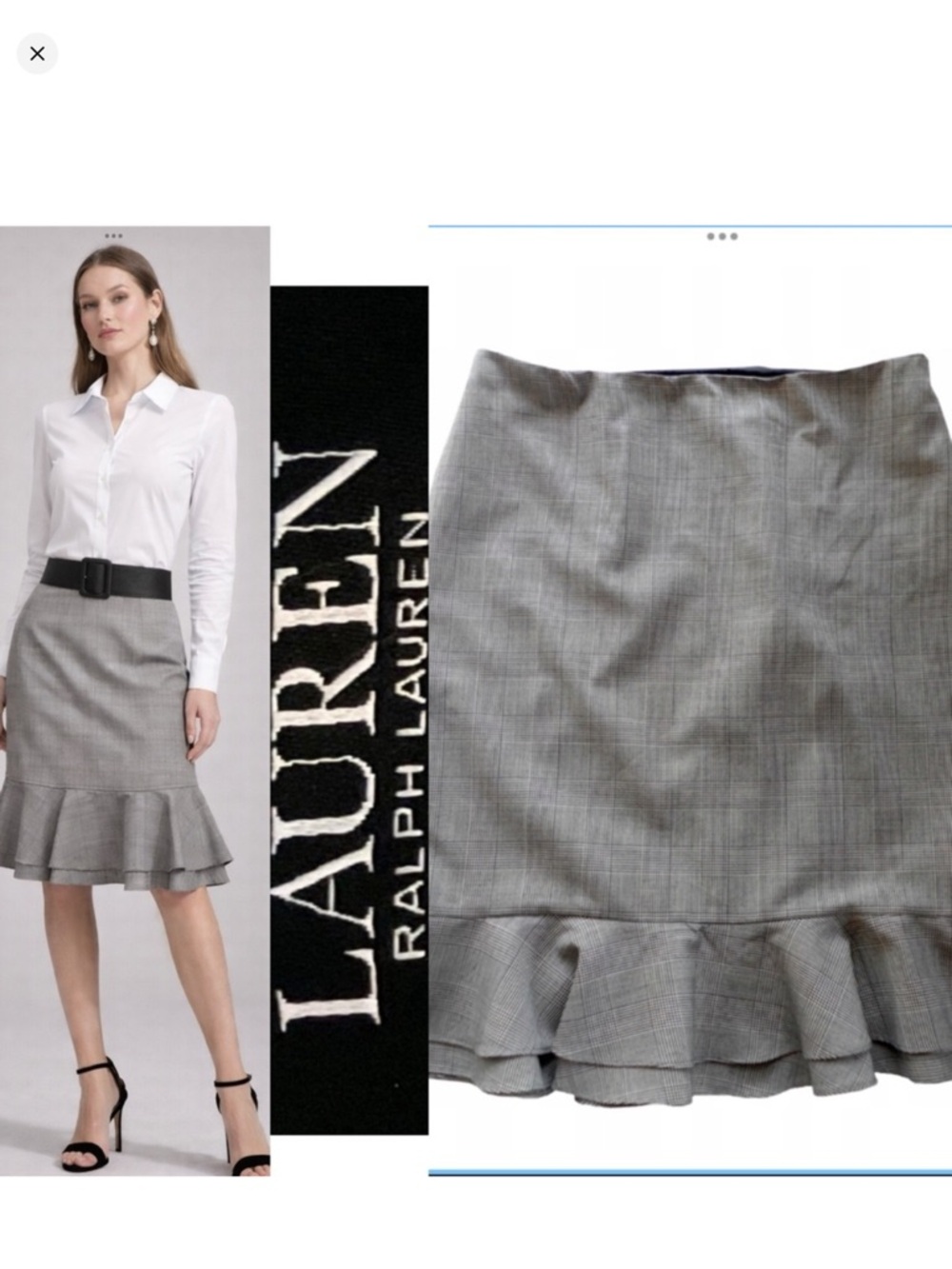 Lauren Ralph‎ Lauren Skirt Gray Wool Glen Plaid Ruffle Hem Lined Pencil Size 4